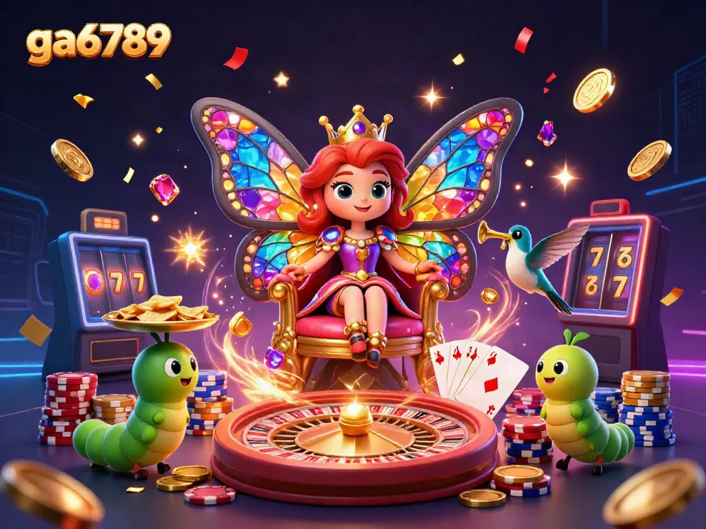 Engage in the vibrant world of ga6789 with a fantasy scene showcasing a butterfly queen and dynamic casino elements.