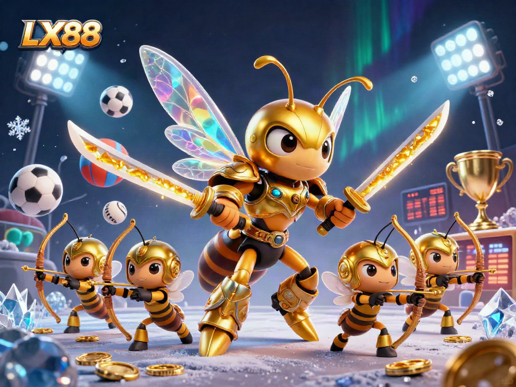 LX88 captivates players with a dynamic scene of a golden hornet samurai leading bee archers amidst vibrant sports elements.