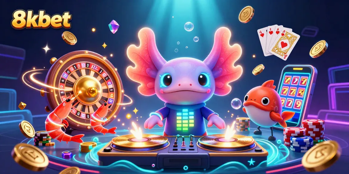 Engage with 8xbet as the neon axolotl DJ spins under a vibrant underwater casino scene.
