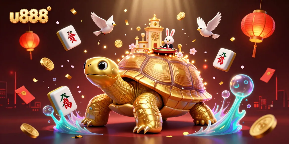 u888's gaming experience captured with a cartoon tortoise casino, rabbit dealer, and golden coins in flight.