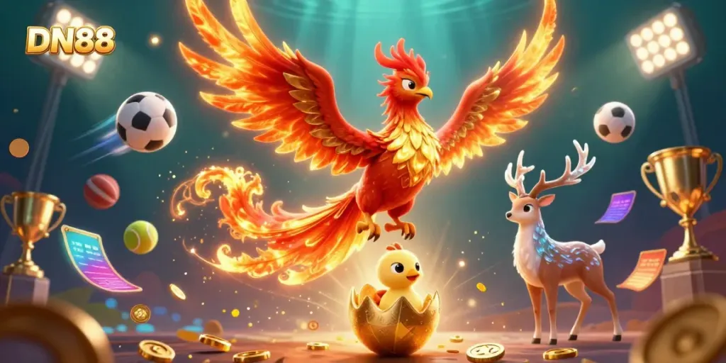 Experience DN88 with a dynamic illustration featuring a phoenix, golden egg, and sports elements.