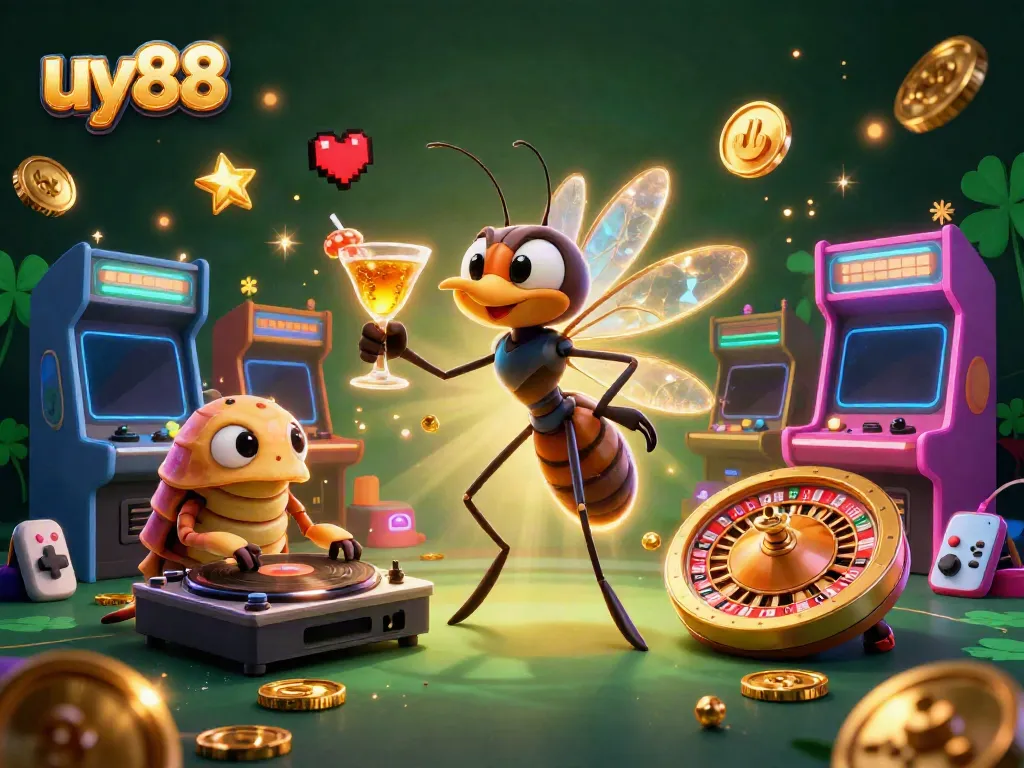 Engage in dynamic 3D slots gaming at uy88 with a vibrant casino scene featuring fantasy characters.