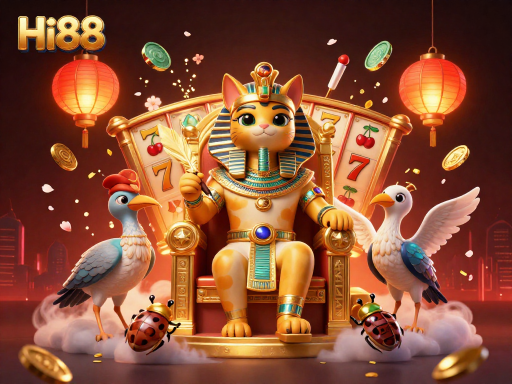 Spin reels for jackpots at Hi88 slot games, featuring a lively Egyptian cat scene.
