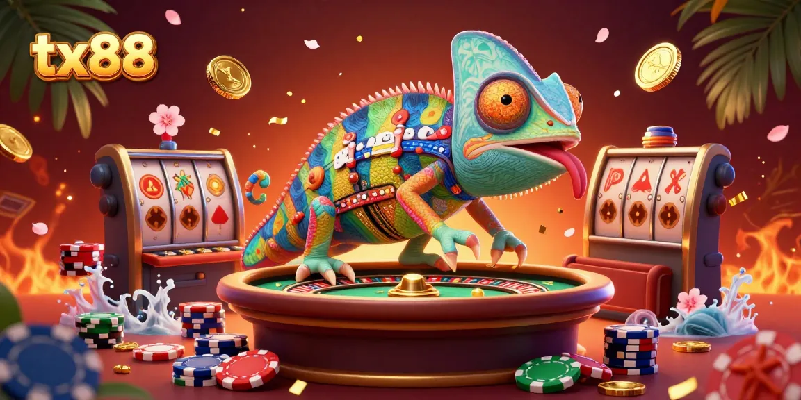 Experience the thrilling world of tx88, where the colorful chameleon casino owner lurks in a dynamic casino scene filled with games and luck.