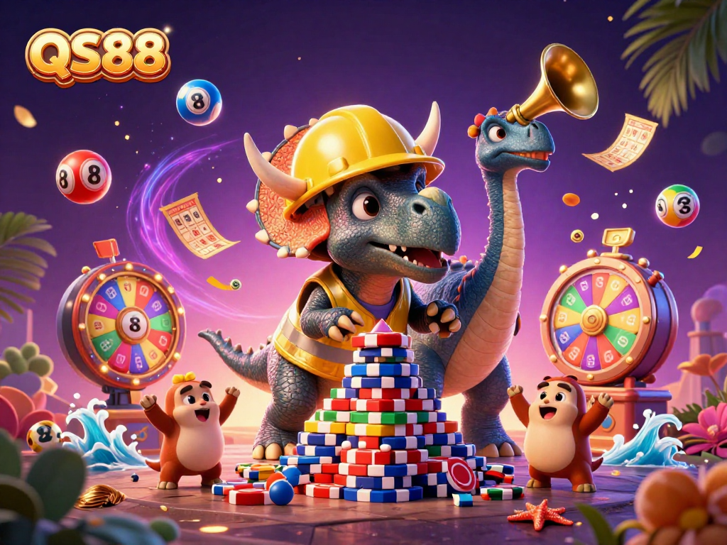 QS88 celebrates with triceratops and parasaurolophus in a vibrant casino scene