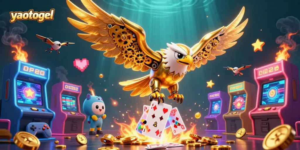 Engage with yaotogel's vibrant casino scene featuring a diving golden eagle and holographic cards.