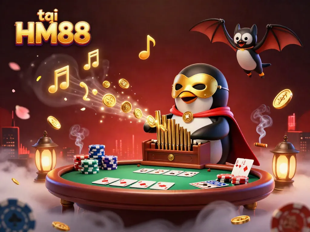 Play and win big at HM88 with an engaging 3D illustration featuring poker elements and a phantom penguin.