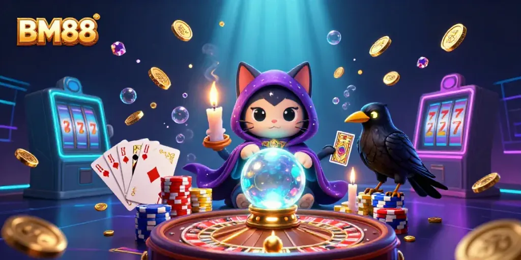 Carnival illustration with BM88 theme featuring dancing mystical characters and vibrant casino elements.