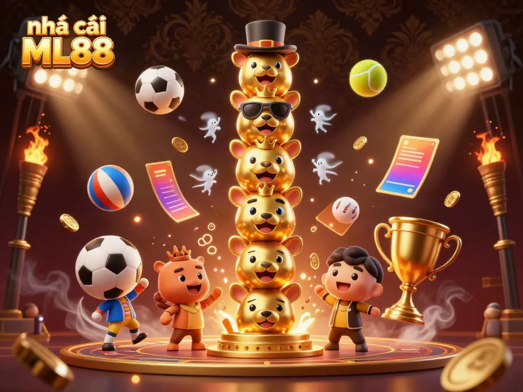 Experience the excitement with nhà cái ML88 in a vibrant 3D casino scene filled with dynamic game elements.