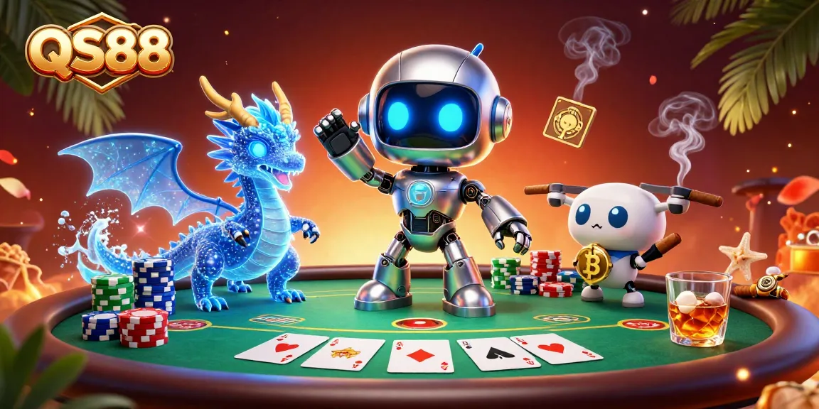 Join the action at QS88 with a vibrant 3D cartoon scene of poker excitement featuring robots and digital companions.