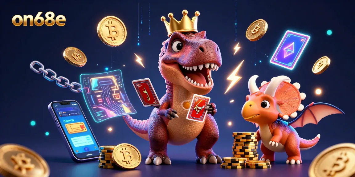 Engage with on68e's thrilling gaming world as a friendly T-Rex shuffles cards while a pterodactyl assists!