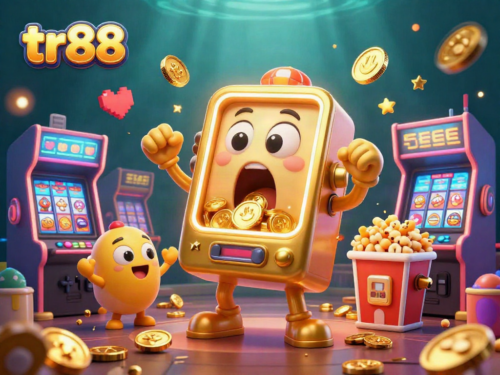 tr88 slot machine hitting jackpot with cheerful baby machines in vibrant 3D casino scene.
