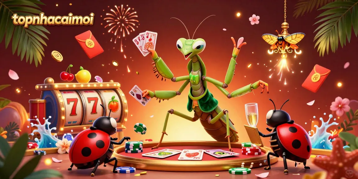 Experience thrilling gameplay with topnhacaimoi as a giant praying mantis card sharp and his ladybug pit boss spin the lucky slots.