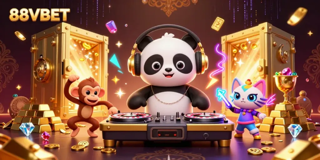 Experience vibrant excitement at 88VBET with a lively casino scene featuring playful characters and shining treasures.