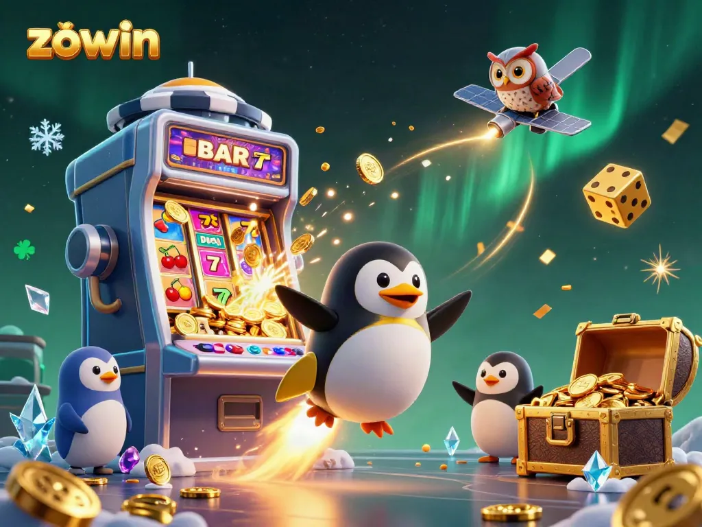 Engage in exciting casino games at ZOWIN, where a dynamic penguin and slot machine bring jackpots to life!