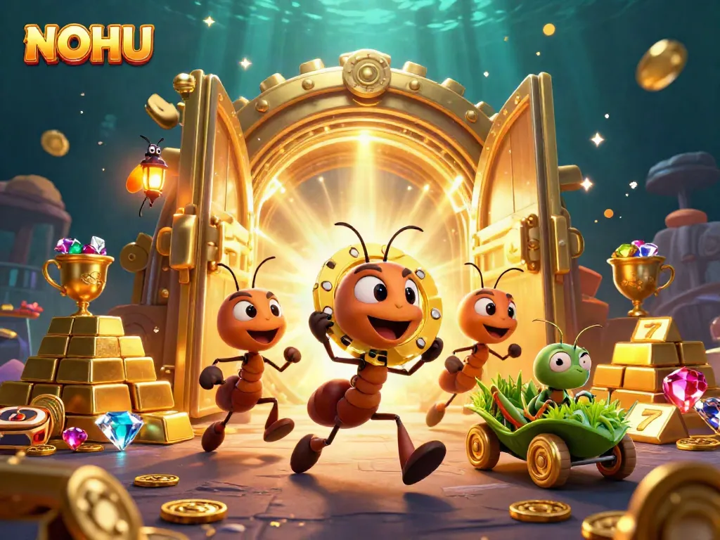 NoHU ants running a jackpot heist with giant poker chip and treasures in a vibrant casino scene.