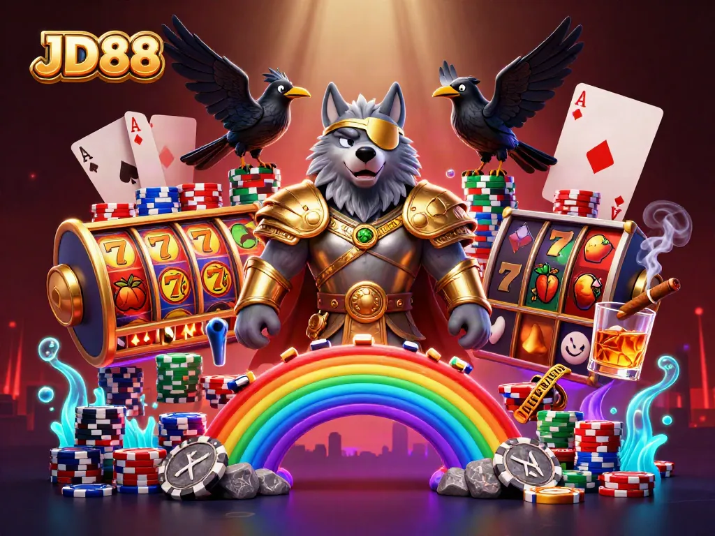 JD88 showcases a thrilling 3D illustration with Odin and his ravens at a vibrant casino scene.