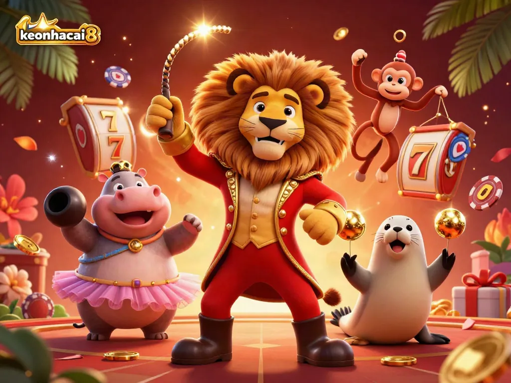 Experience the vibrant world of keonhacai8 with a lively circus scene showcasing gambling characters and rich casino elements.