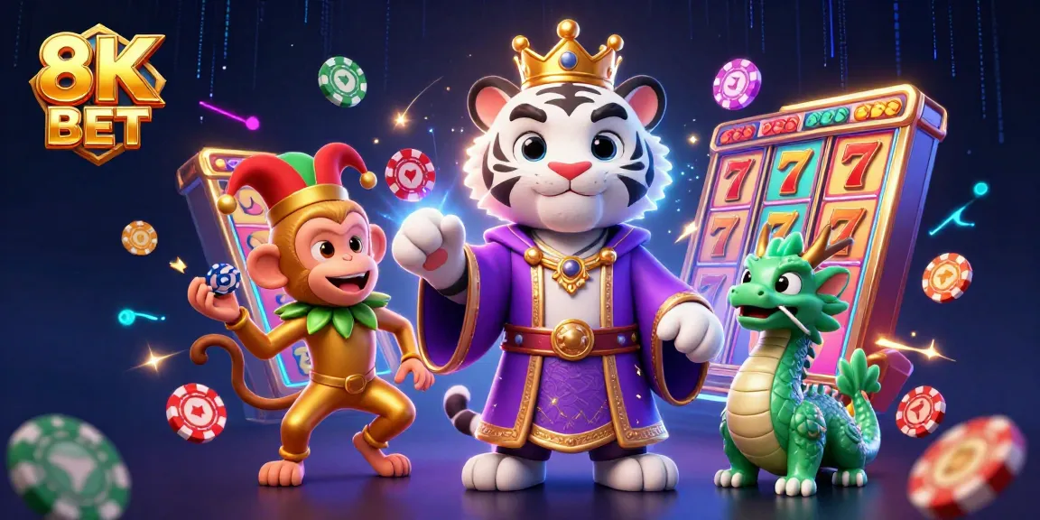 Experience the excitement of 8K BET in this vibrant casino-inspired illustration featuring whimsical characters.
