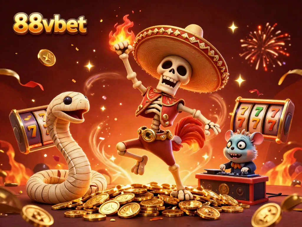 Spin and win with 88vbet in this vibrant casino-themed celebration illustration.
