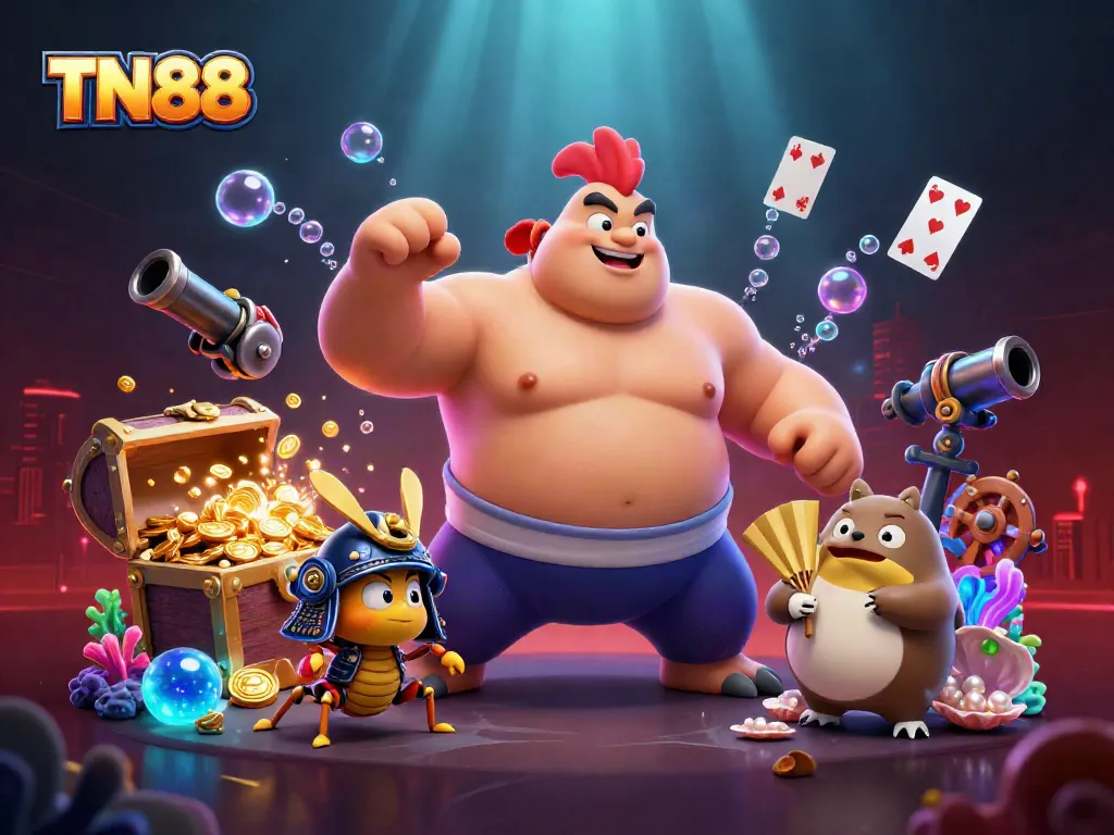 Witness thrilling action at TN88 with cartoon sumo wrestler, cricket, and tanuki amidst bursting treasure.