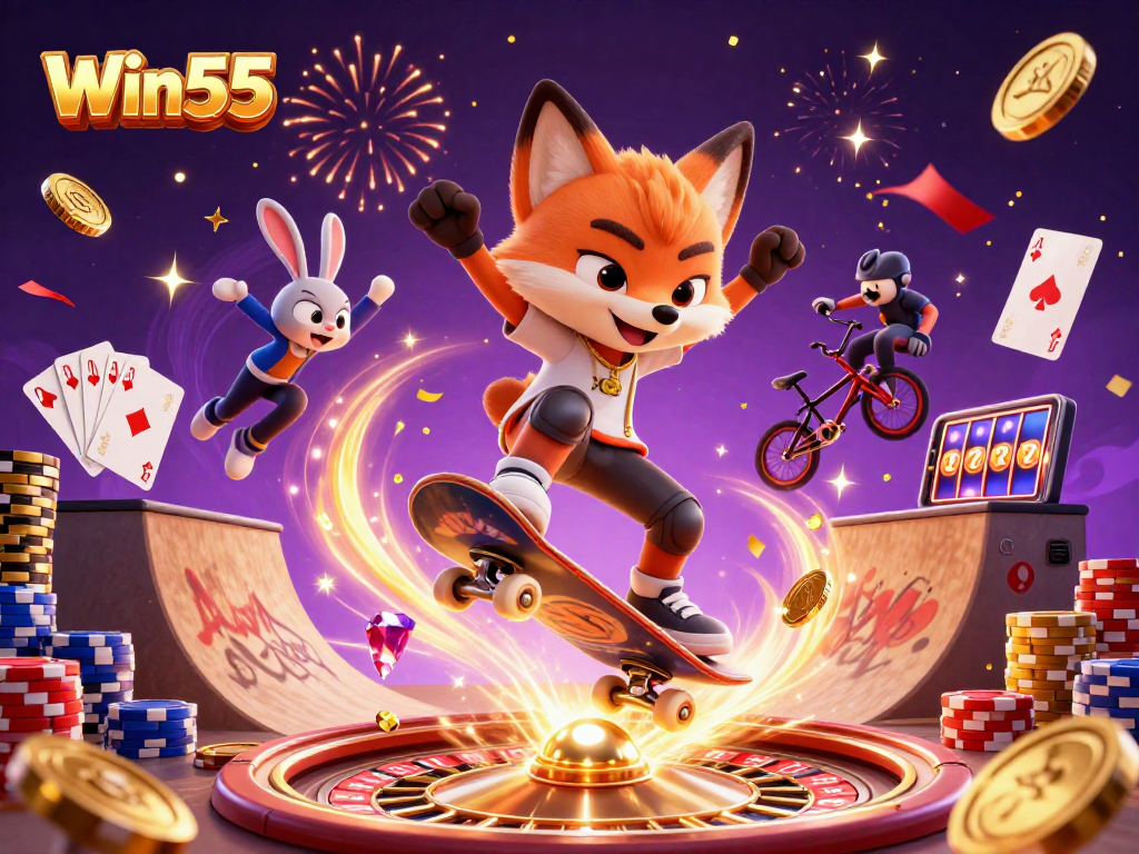 Win55 showcases a cartoon fox edging its skateboarding tricks over poker chips, amidst cascading casino elements.