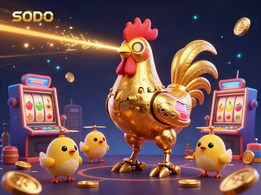 SODO slots illustration featuring a futuristic rooster robot amid vibrant casino elements for an engaging gaming experience.