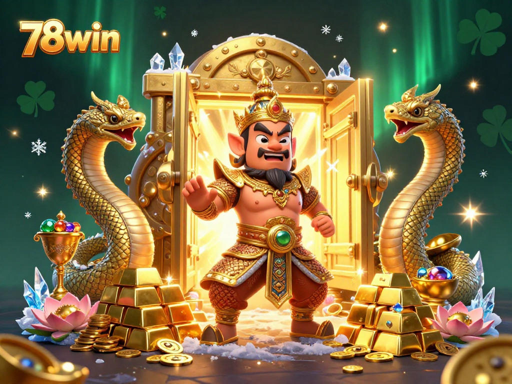 Engage with 78win's vibrant 3D illustration showcasing casino excitement and golden treasures.