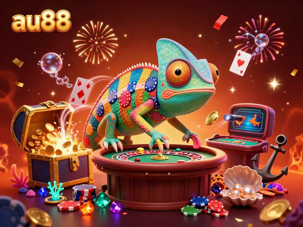 Experience excitement at au88 with a lively chameleon casino owner amidst gold coins and colorful gems.