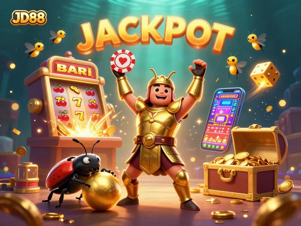 JD88 online gaming scene with a victorious beetle, poker chip, and jackpot excitement.