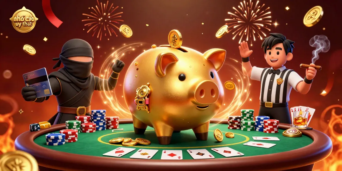 Experience the thrill at nhà cái uy tín with the dynamic golden piggy bank sumo wrestler and vibrant casino elements.