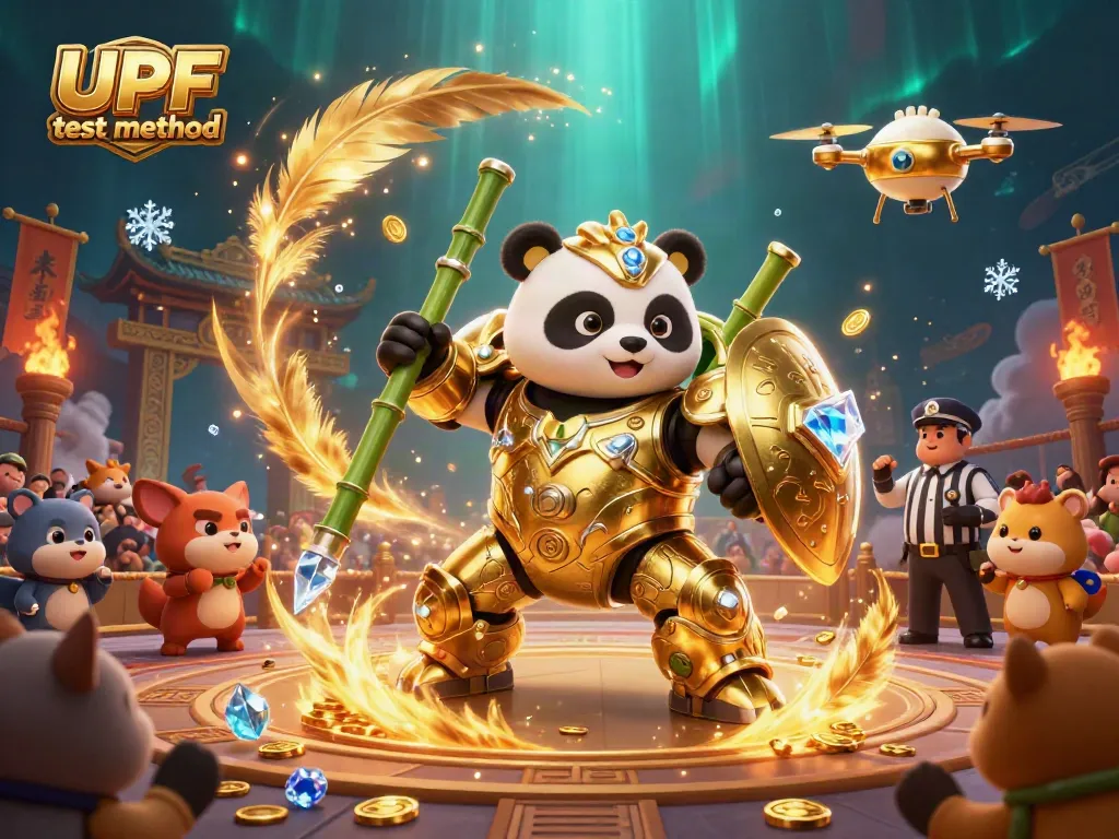 Engage with the UPF test method in this vibrant 3D arena featuring a golden panda and bamboo robot.