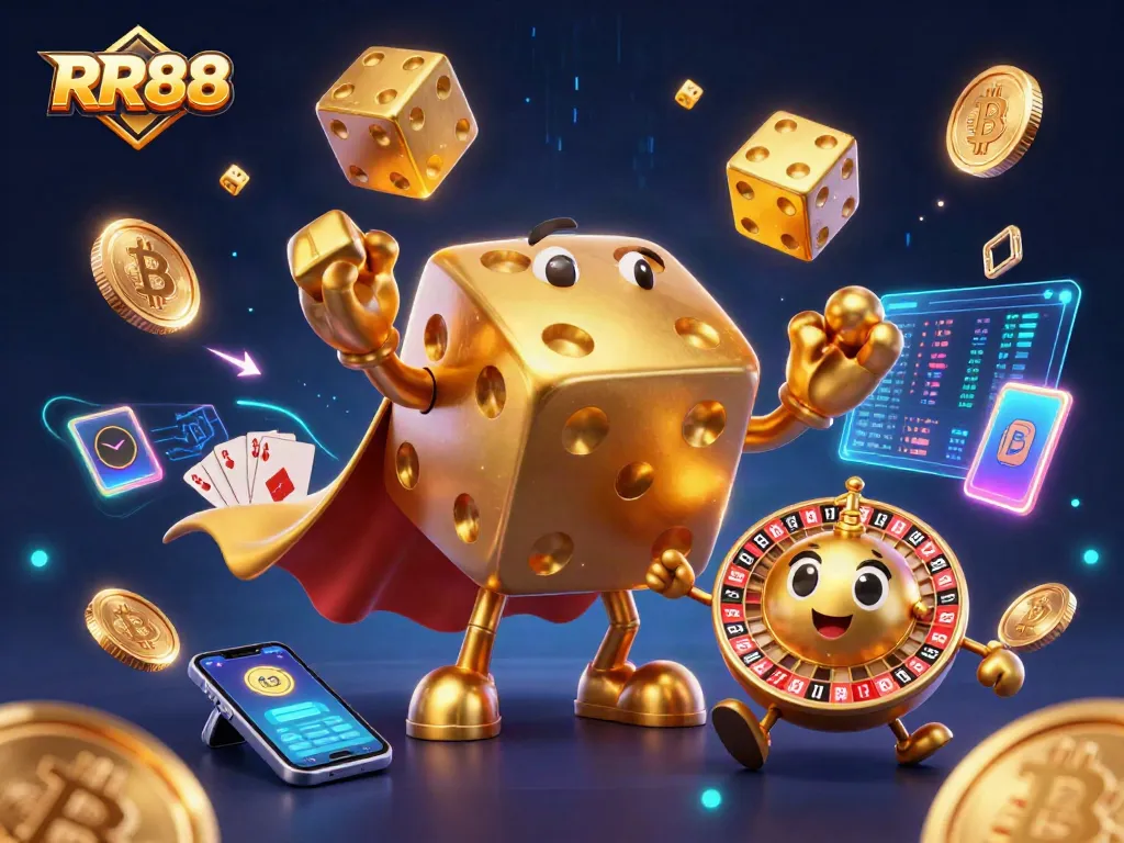 RR88 game features a playful massive golden dice golem juggling smaller dice amidst vibrant crypto elements.