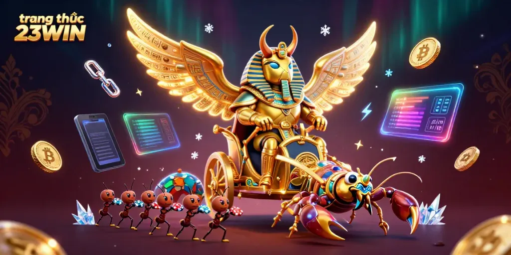 Experience the vibrant gamification of trang chủ 23WIN with dynamic 3D elements depicting online gaming excitement.