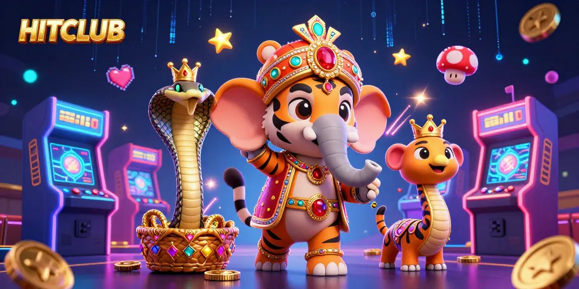 Experience HITCLUB's vibrant gaming universe with a maharaja tiger on an elephant, offering thrilling casino entertainment.