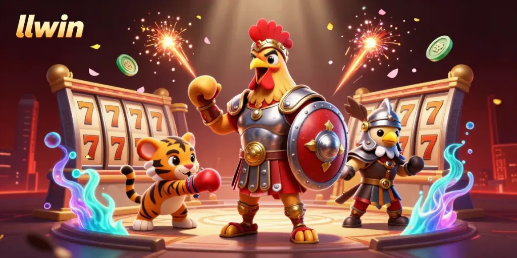 Experience thrilling moments at llwin, featuring a gladiator rooster and vibrant casino elements.