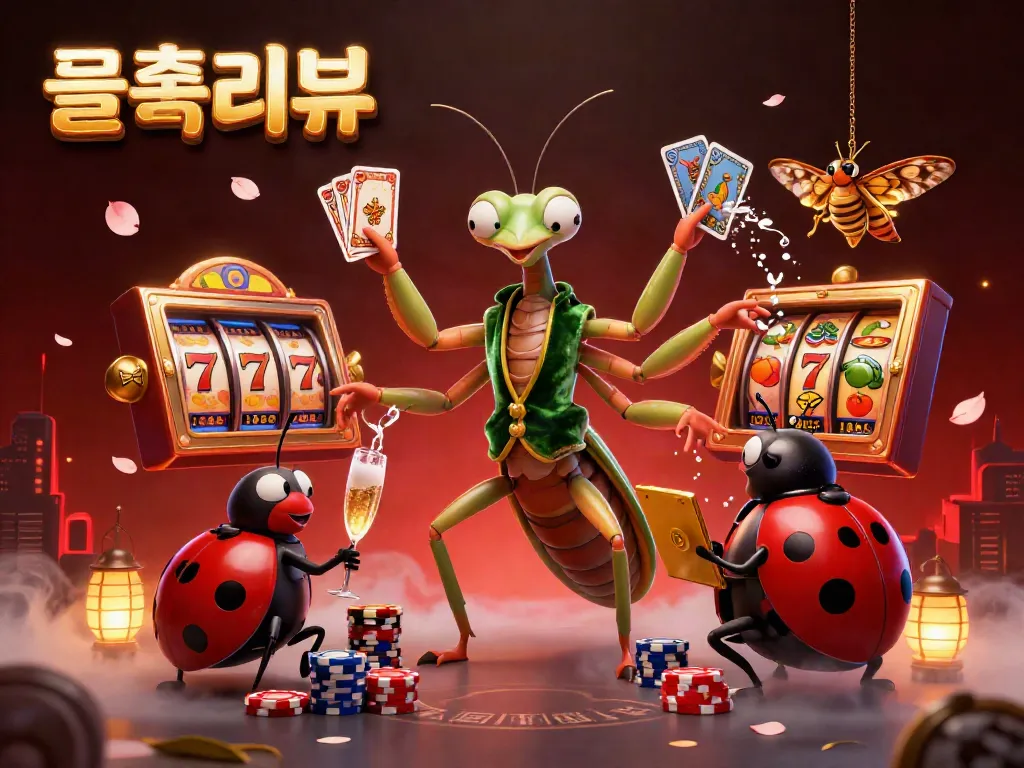 Engaging scene showcasing 슬롯리뷰 with a giant praying mantis dealer and ladybug pit boss among vibrant slot elements.
