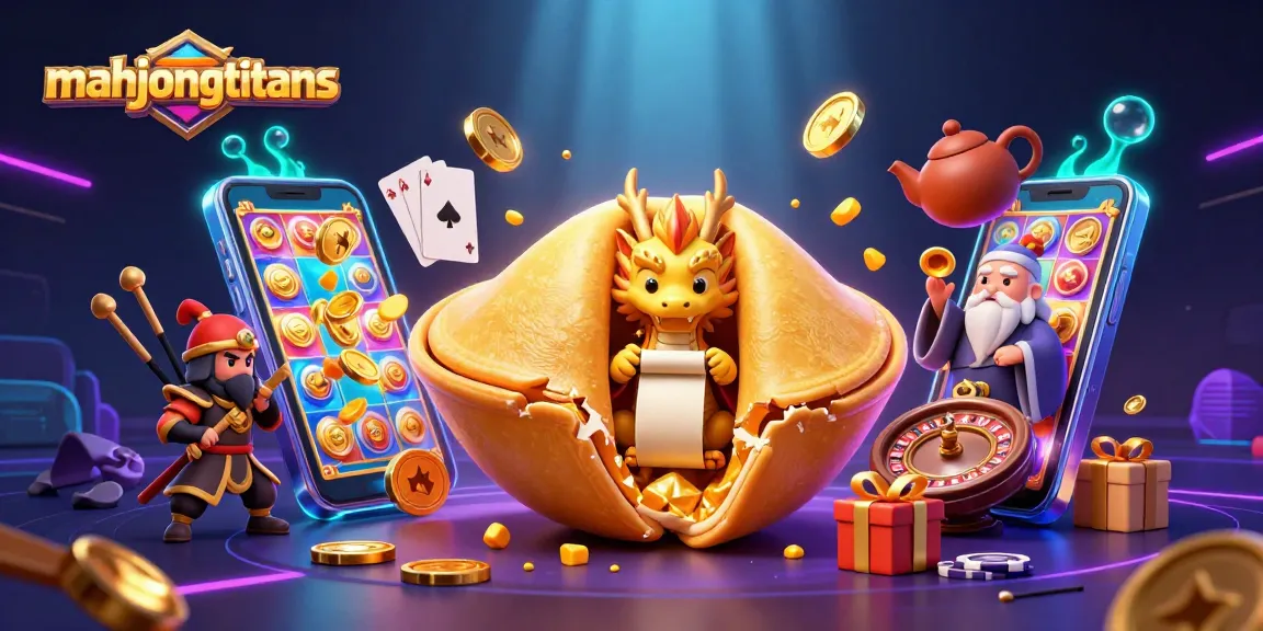 Engage with mahjongtitans as a tiny dragon reads fortunes from a golden cookie amidst dynamic casino elements.
