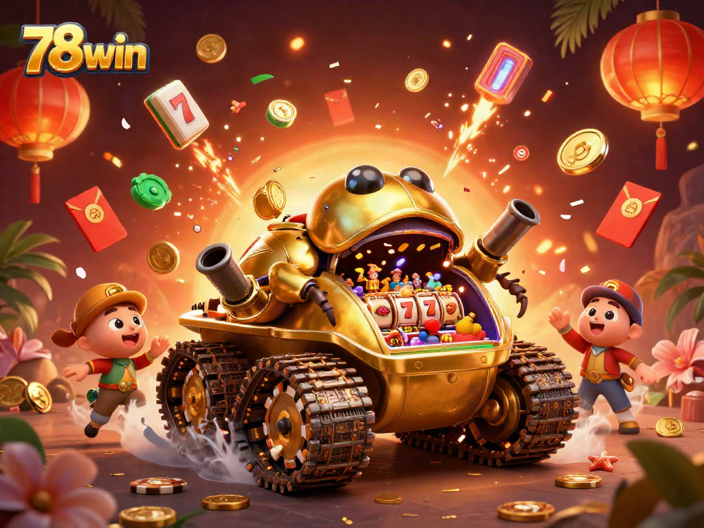 Engage with the lively 78win casino scene featuring a golden beetle tank and joyful slot elements.