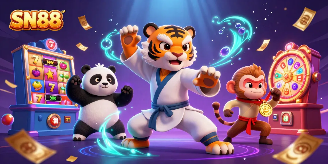 Experience thrilling slots and jackpots at SN88 with cartoon characters celebrating amidst vibrant casino elements.
