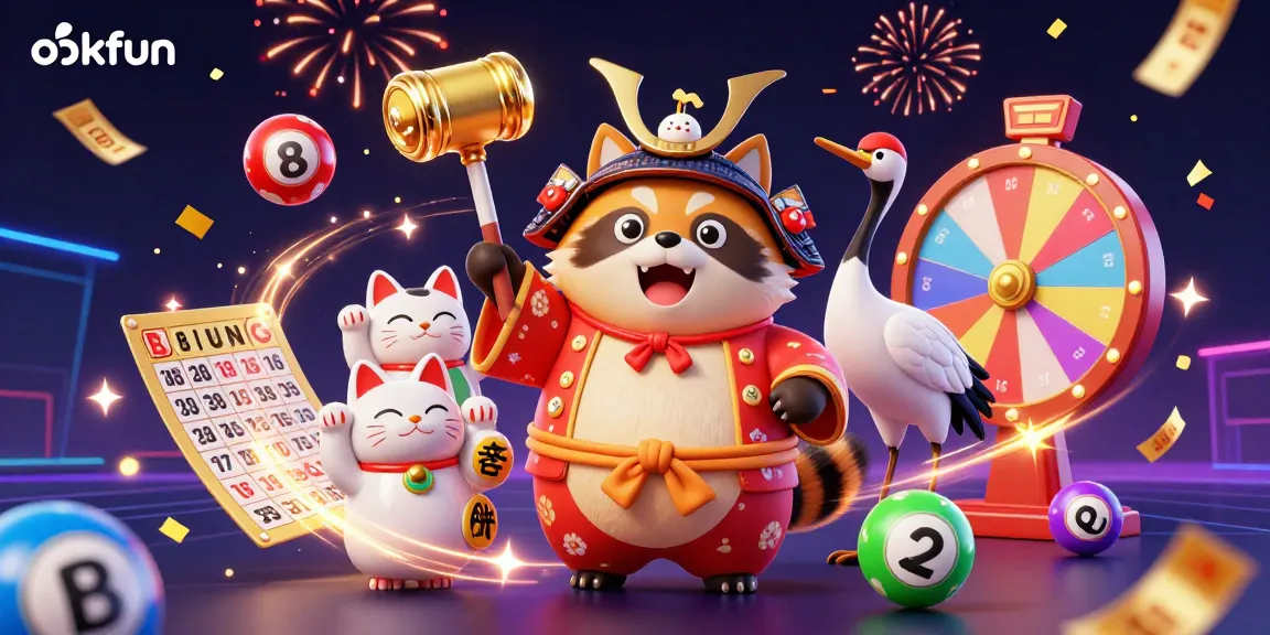 Engage with the lively okfun casino scene featuring a cheerful tanuki, festive elements, and colorful gaming symbols.