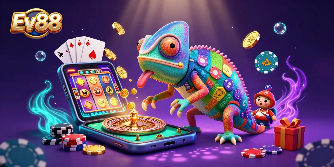 Ev88 captures players' excitement with a vibrant, 3D casino scene filled with games and golden coins.