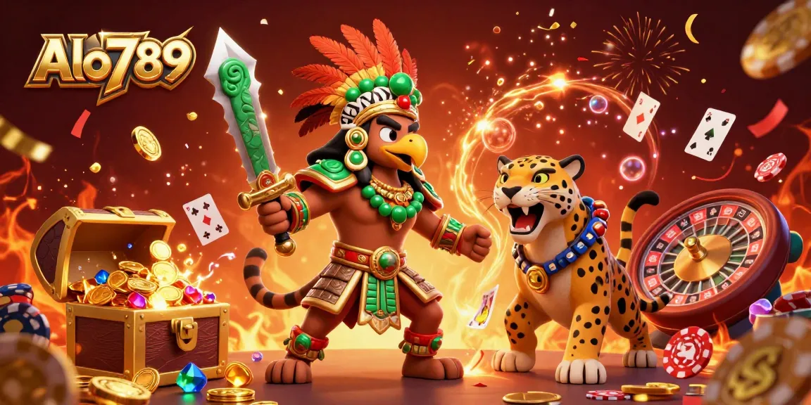 Alo789 showcases the thrill of live gaming with Aztec warriors amidst vibrant casino elements.