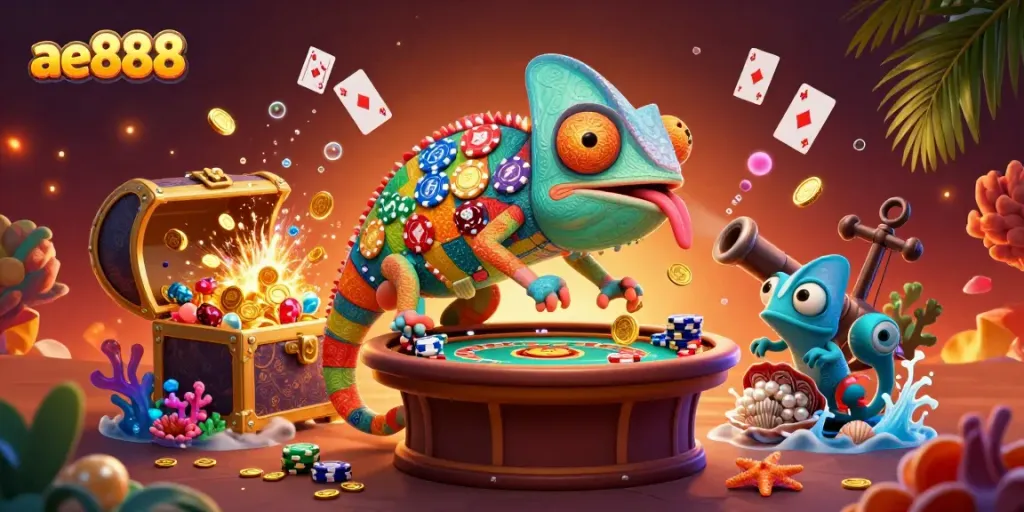 Engaging gaming scene featuring ae888, a colorful chameleon owner amidst casino elements and sparkling treasures.