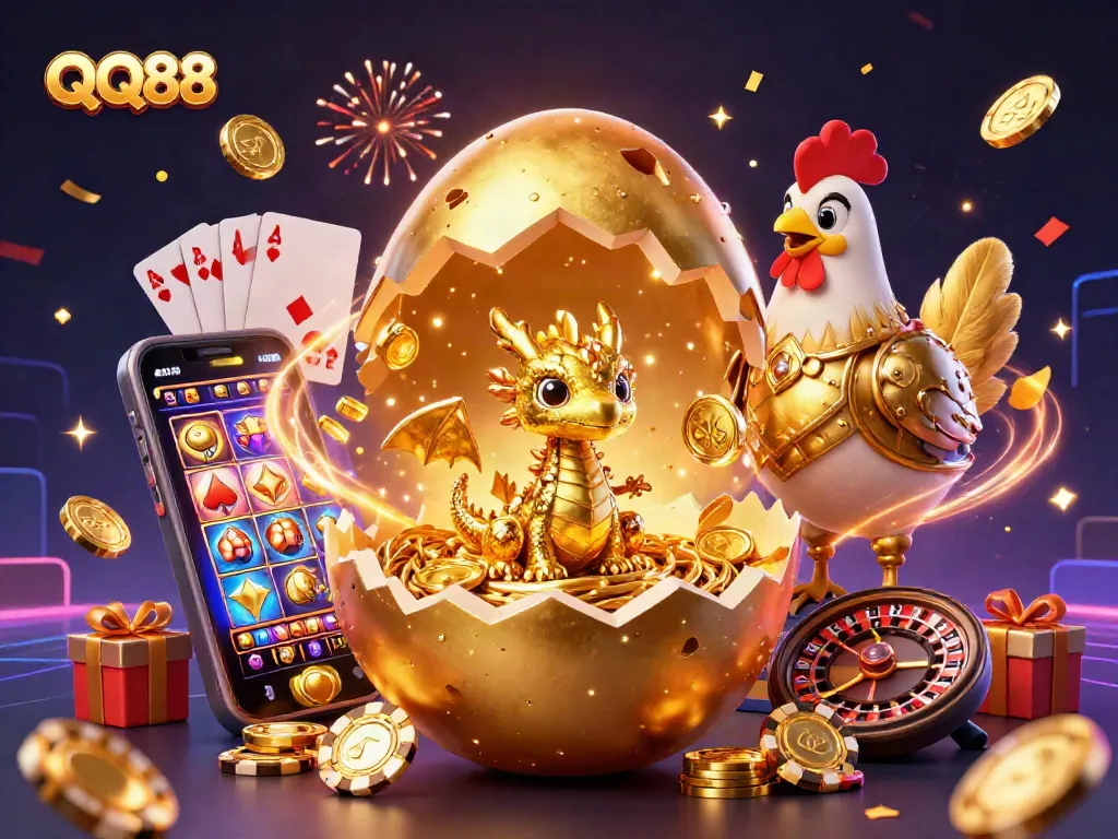 Experience excitement with QQ88's golden dragon and gaming elements in a vibrant 3D casino world.