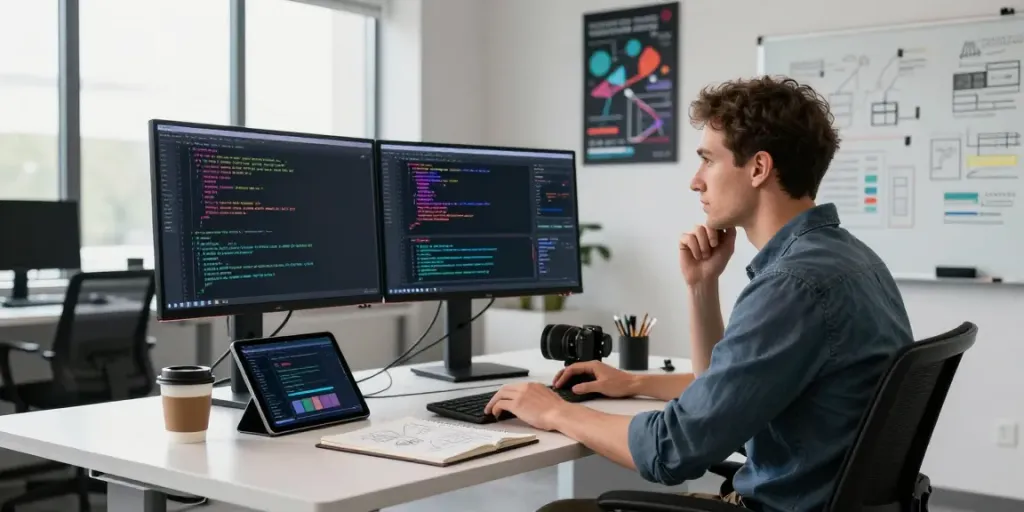 Neil Lock analyzing code in a modern tech workspace with dual monitors and a tablet.