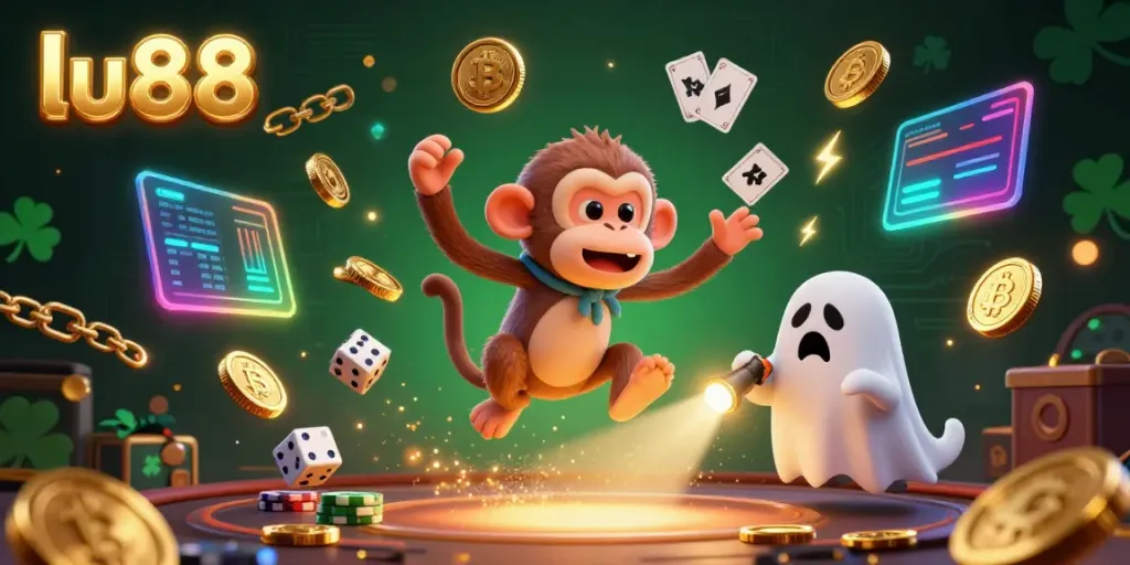 Experience thrilling gameplay with lu88 in a dynamic haunted casino featuring a mischievous poltergeist monkey and ghost-hunter puppy.