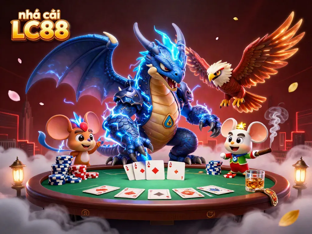 Enjoy thrilling gaming at nhà cái LC88 with an action-packed 3D scene featuring iconic casino elements.