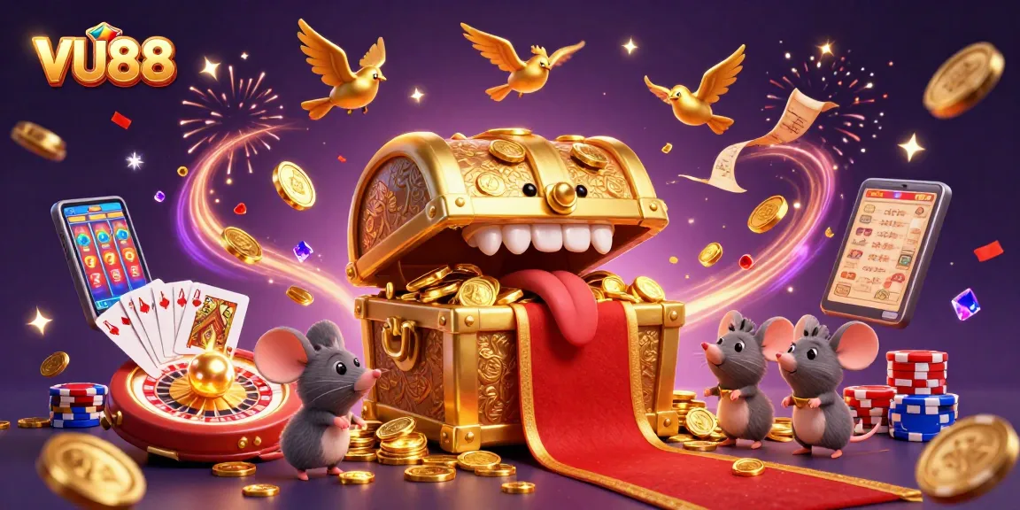 Experience the excitement of VU88 with a vibrant casino scene featuring golden treasures and dynamic game elements.